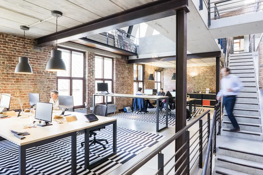 A bright office stairwell