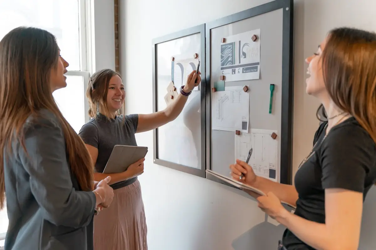 A group working together at a board