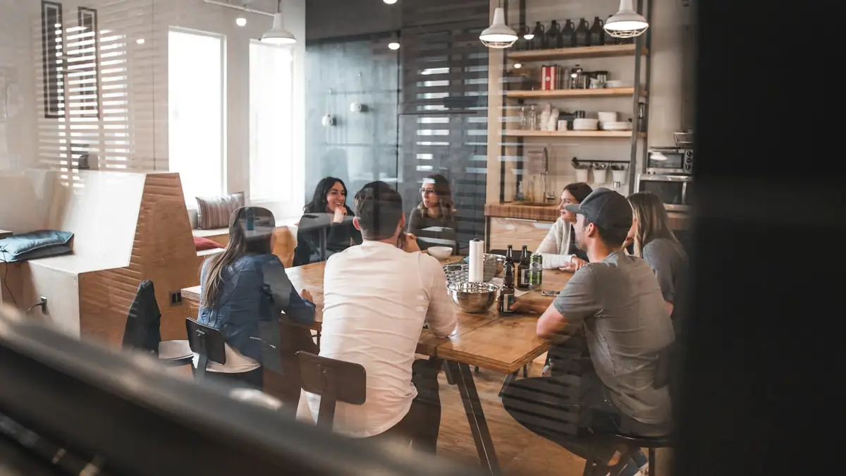 Colleagues seated in a working discussion