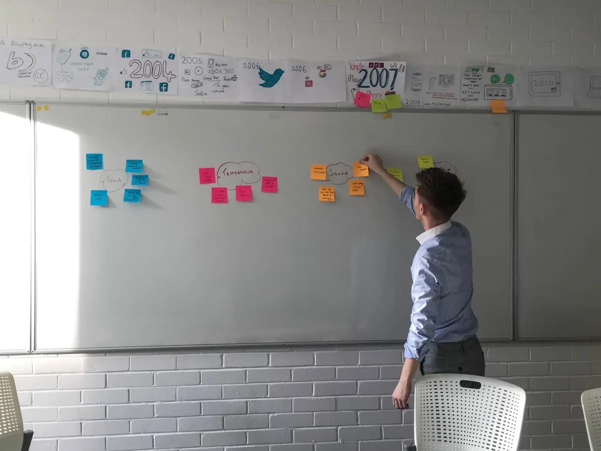 A planning session in progress against a wall of notes